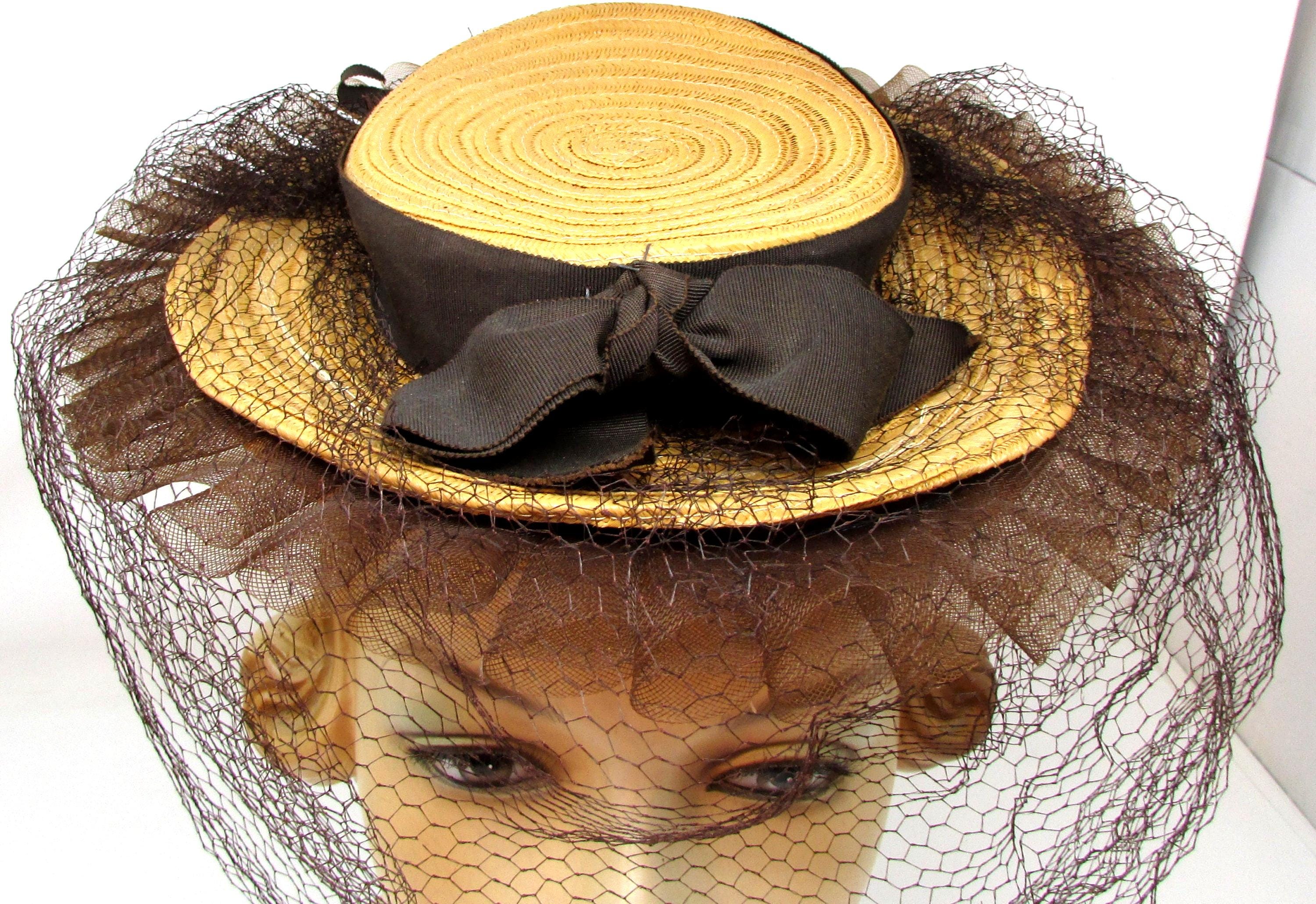 AMAZING 1940s\' BROWN FELT WIDE BRIM HAT + GOLD GROSGRAIN BOWS + THICK VEIL 1940s Felt Hat - Etsy main image 3