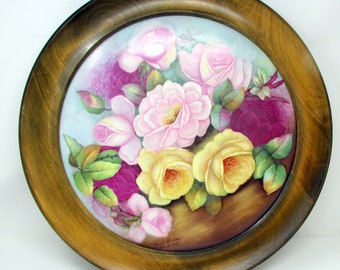 Gorgeous Roses Vintage Porcelain Round Painting in Wood frame Artist Signed and dated 1968 Hazel Hendry Floral Painting