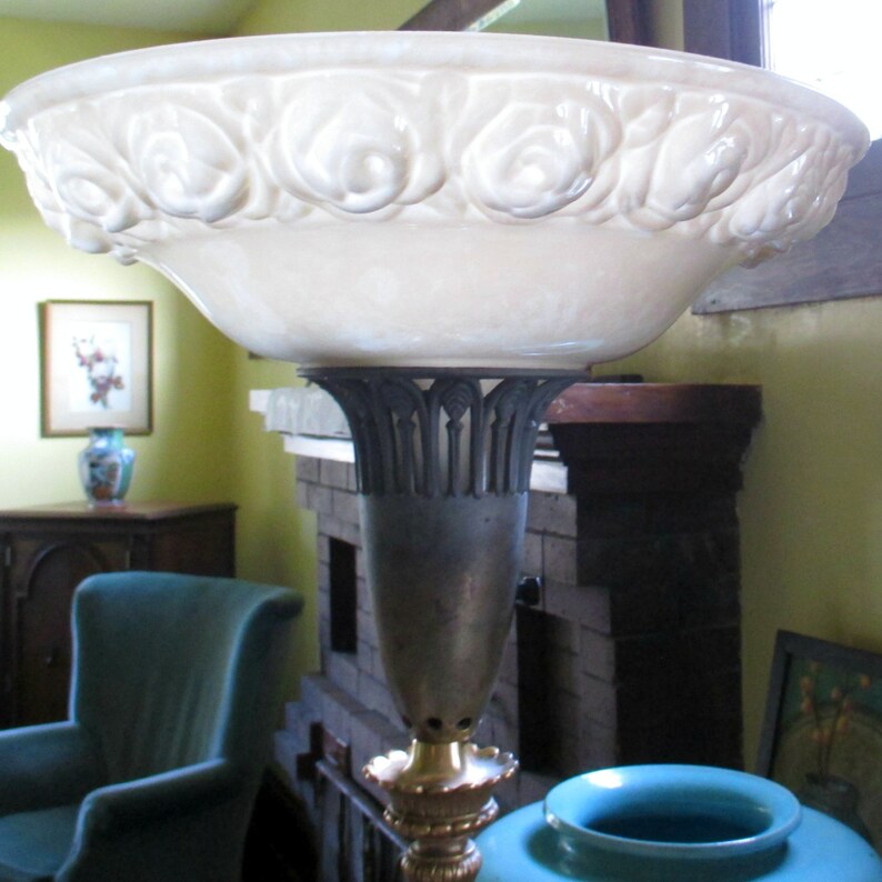 Antique Torchiere Floor Lamp Original Glass Shade With Raised Cabbage Roses Marble Base