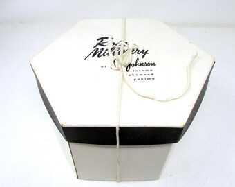 Caja para sombreros vintage Rose Millinery Lou Johnson, hexagonal, de cartón, Tacoma, Lakewood, Yakima, años 50 y 60.
