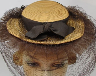 Vintage Tilt Hat 1940s WWII era  Mini Hat Straw with Brown Ruffle and  Grosgrain Ribbon Trim and Full face Veil Plus 3 Hat Pins