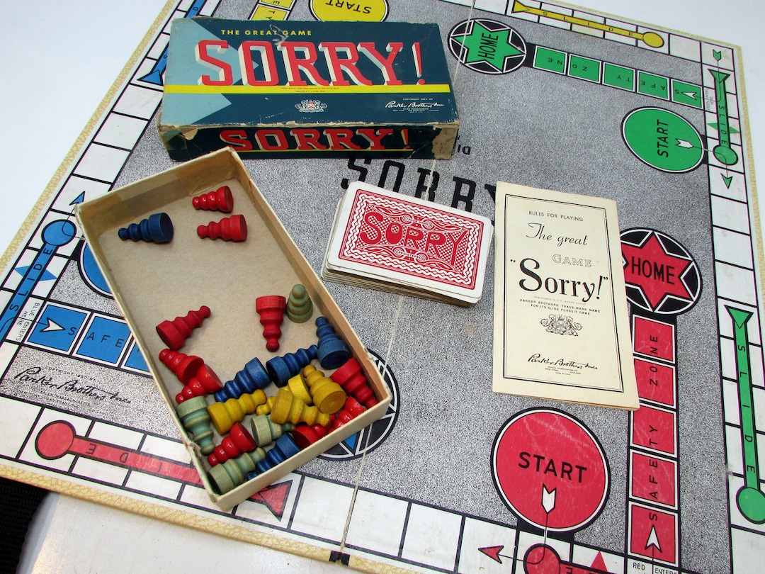 Vintage Board Game 1950s Sorry Game Board, Pieces, Instructions, Cards
