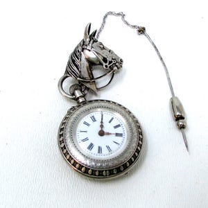 Vintage Lapel Watch Antique Sterling Lapel Watch 19th Swiss Pocket Watch Brooch with Sterling Horse Head Le Jacot Locle