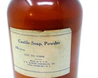 Antique Amber Glass Apothecary Bottle, Castile Soap, 7" Tall