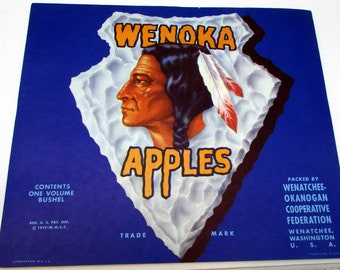 Vintage Art Deco apple crate label c1920s Wenoka Native American Indian Wenatchee Washington State Original New Old Stock Advertising