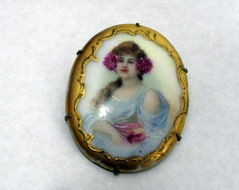 Antique Victorian Porcelain Portrait Vintage Early Hand Painted Porcelain Portrait Brooch C Clasp Gorgeous Detail Cameo Brooch Pin