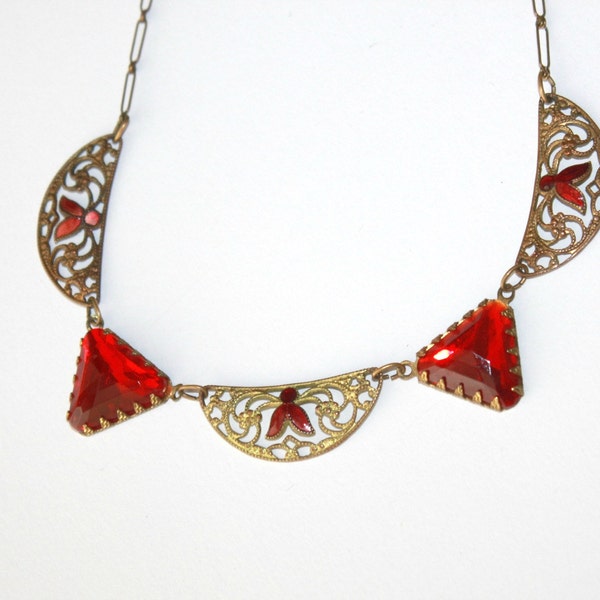 Antique Art Deco Red 1930s Necklace Brass Filigree Enamel Large Red Stone Choker Necklace