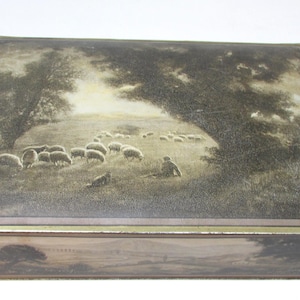 Vintage Tin  Box Uneeda Biscuit Tin Box, Vintage Brown Pastoral Landscape Sheep National Biscuit Company Nabisco Storage Container 1920s