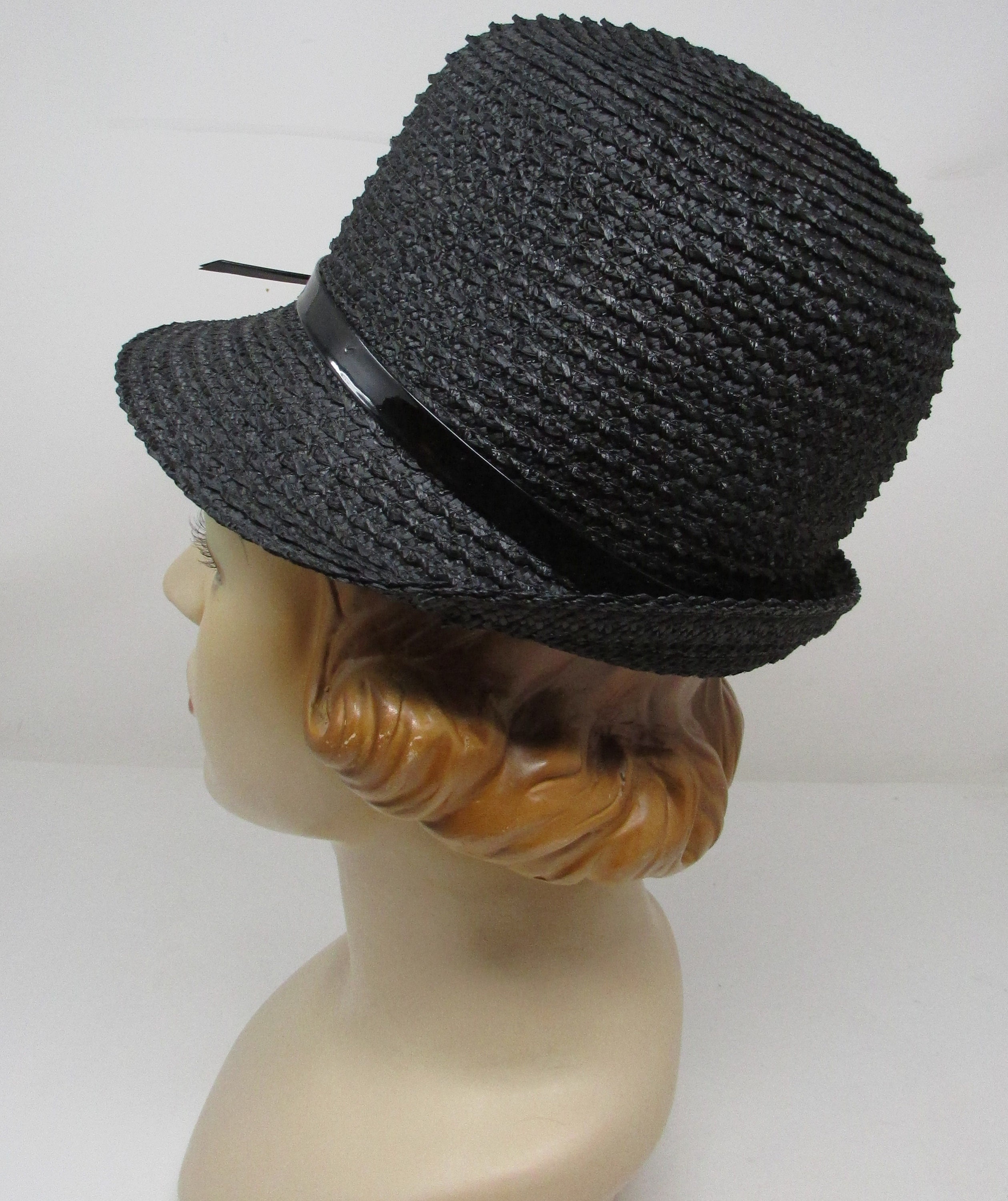 SMART 1960s\' BLACK STRAW FEDORA WITH WHITE VINYL TRIM AND BLACK OSTRICH FEATHER Knox, Straw Fedora Hat 1960s – dba House of Strut main image 3