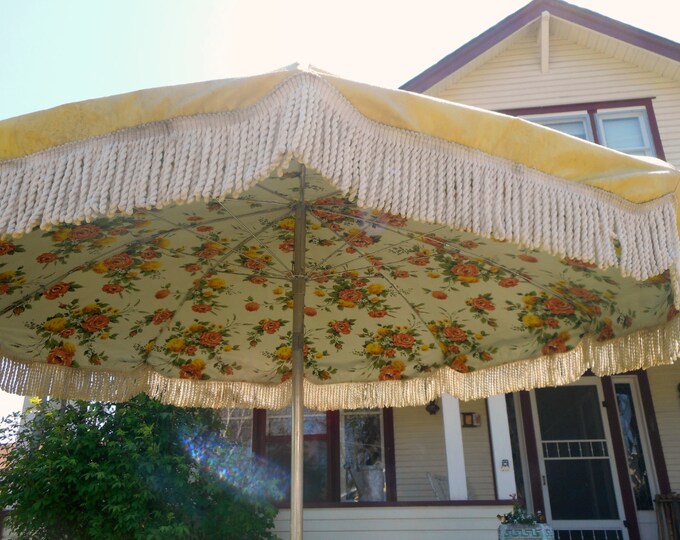 Vintage Umbrella for Patio Table Heavy Vinyl Fringe Huge Yellow Orange
