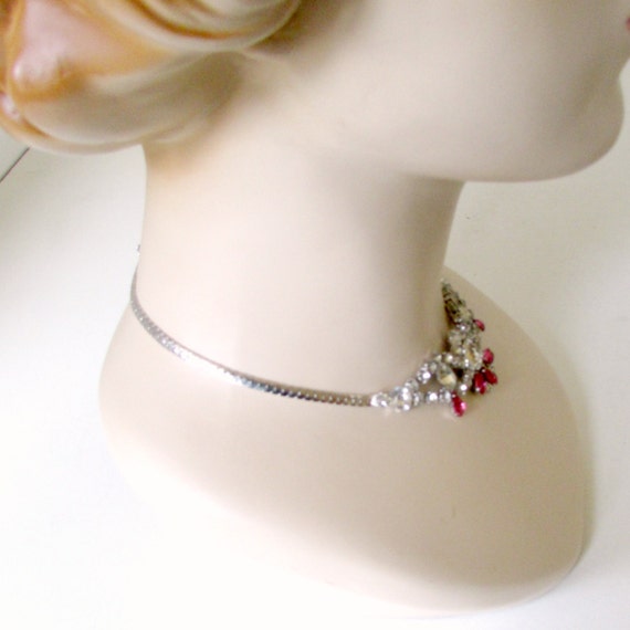 Vintage Rhinestone Choker Bridal Necklace Pink an… - image 4