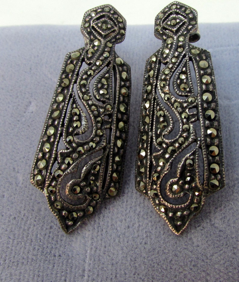 Vintage Marcasite Dangle Earrings Sterling Pierced Earrings Art Deco Gorgeous image 4