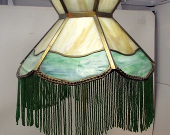 Arts and Crafts Slag Glass Lamp Shade Mission Style with Fringe Green and Caramel Brass braid Shade only desk lamp Mission