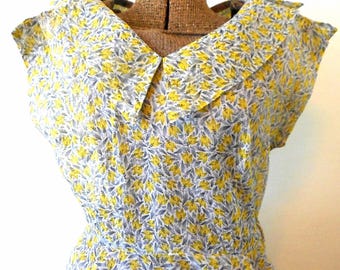 Vintage Dress Sheer Lucy Dress Full Skirt Seersucker Yellow Grey White 1950s Full Skirt