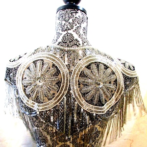 Vintage Beaded Cape Capelet Shawl Black and Silver Beads and Sequins, Fringe Wedding Flapper