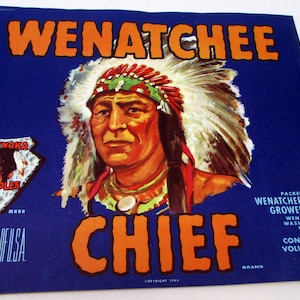 Vintage Art Deco apple crate label c1948 Wenatchee Chief Apple Label Washington State Original New Old Stock Advertising