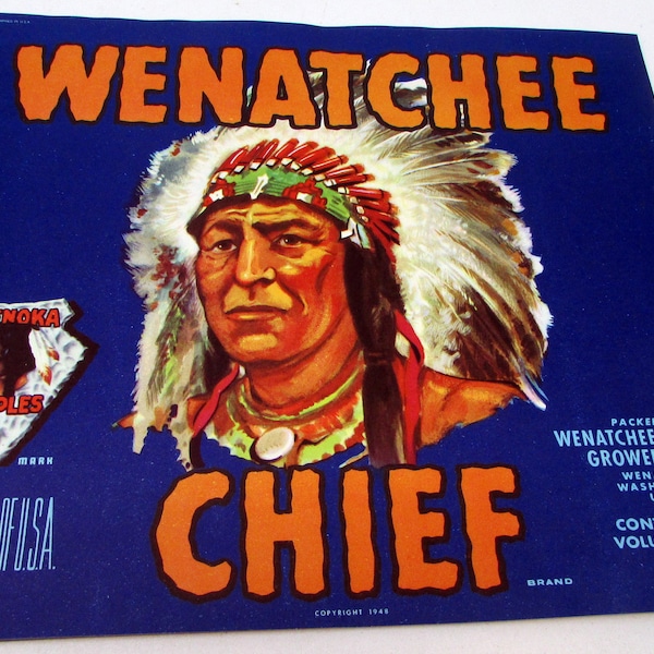 Vintage Art Deco apple crate label c1948 Wenatchee Chief Apple Label Washington State Original New Old Stock Advertising