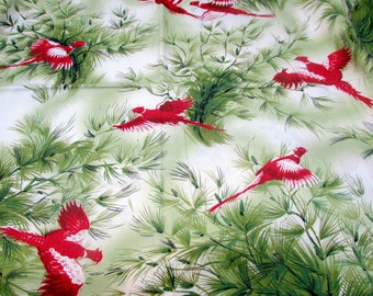 Vintage Red Pheasant Fabric with Green Pine Needles Cotton Game Design 2+ yards