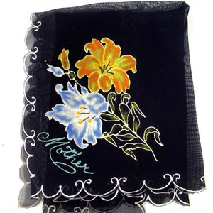 Vintage Silk Handpainted Mother Handkerchief Hankie Hanky Hand Painted Gorgeous Flowers and Raised Silver Trim
