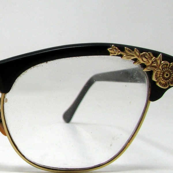 Vintage Cat Eye Glasses Eyeglasses Frames Artcraft 12K Gold Filled Black with gold Floral Trim