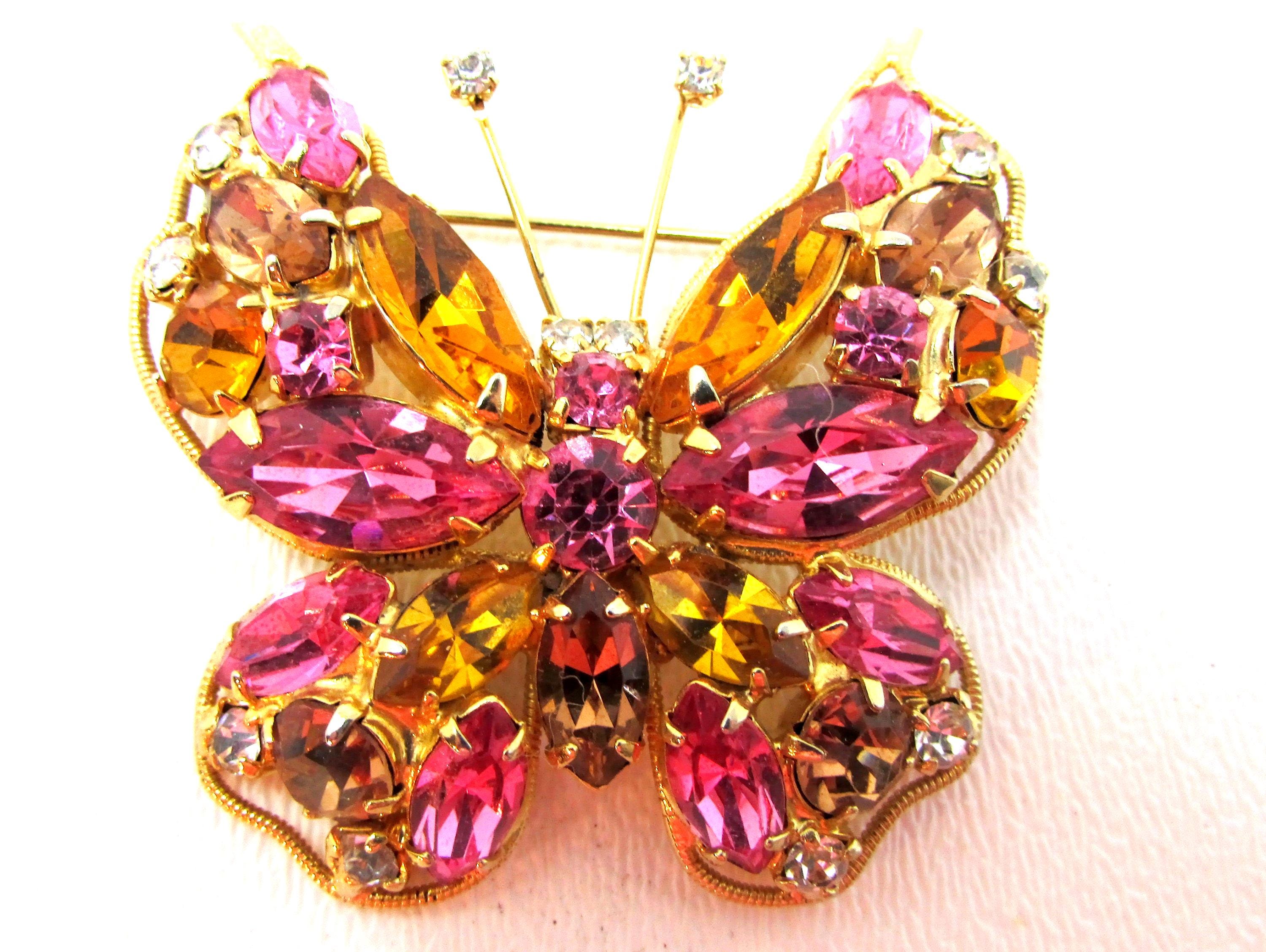 ヴィンテージ ラロコ バタフライ ブローチ：ピンクトパーズ＆ライン