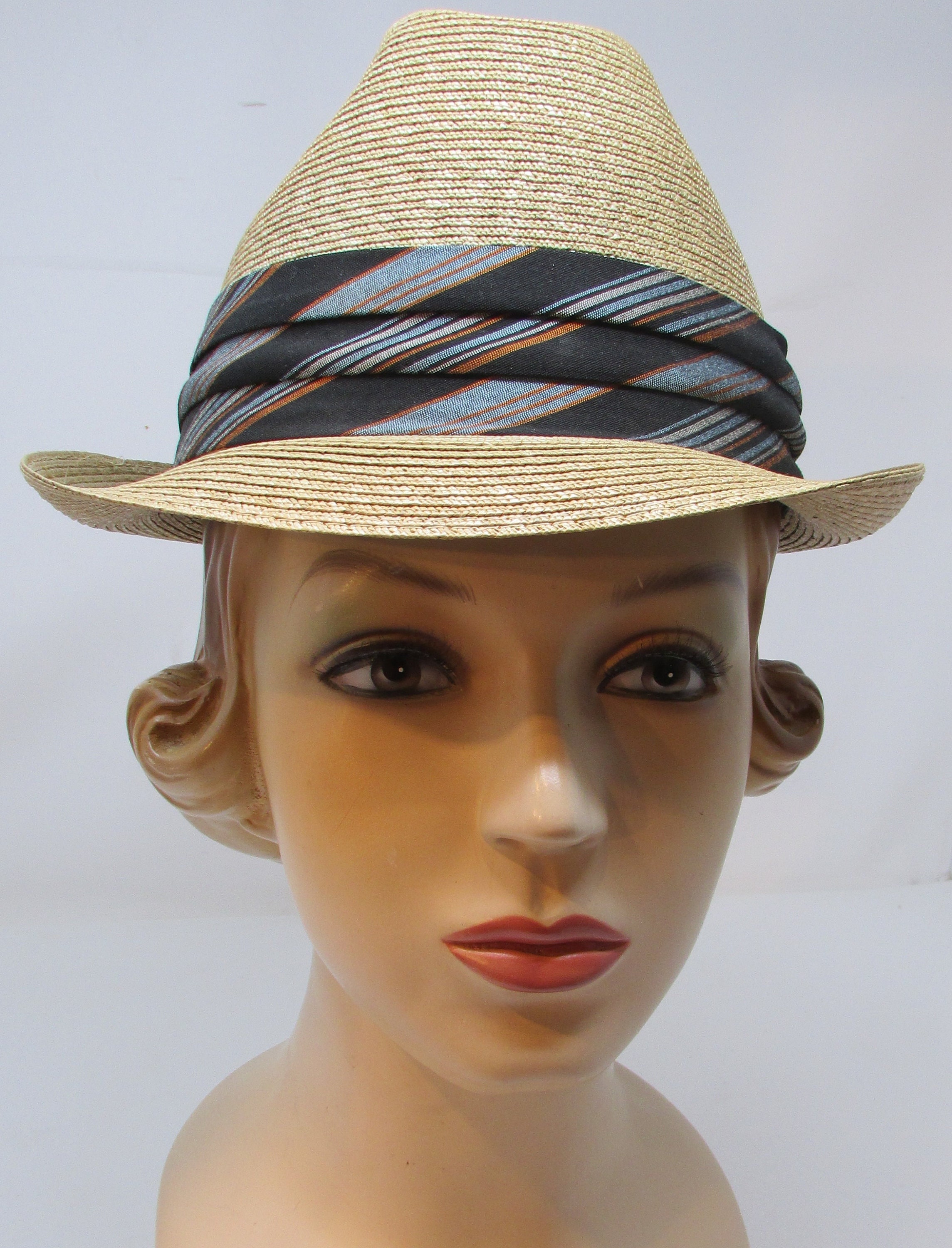 Vintage Genuine Italian Milan Straw Fedora Hat With Striped
