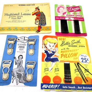 Vintage 1940er Jahre Haarnetz, Bobbie Pin & Strumpfbandclip Lot - Original Verpackung für Werbekarten, insgesamt 5 Stück