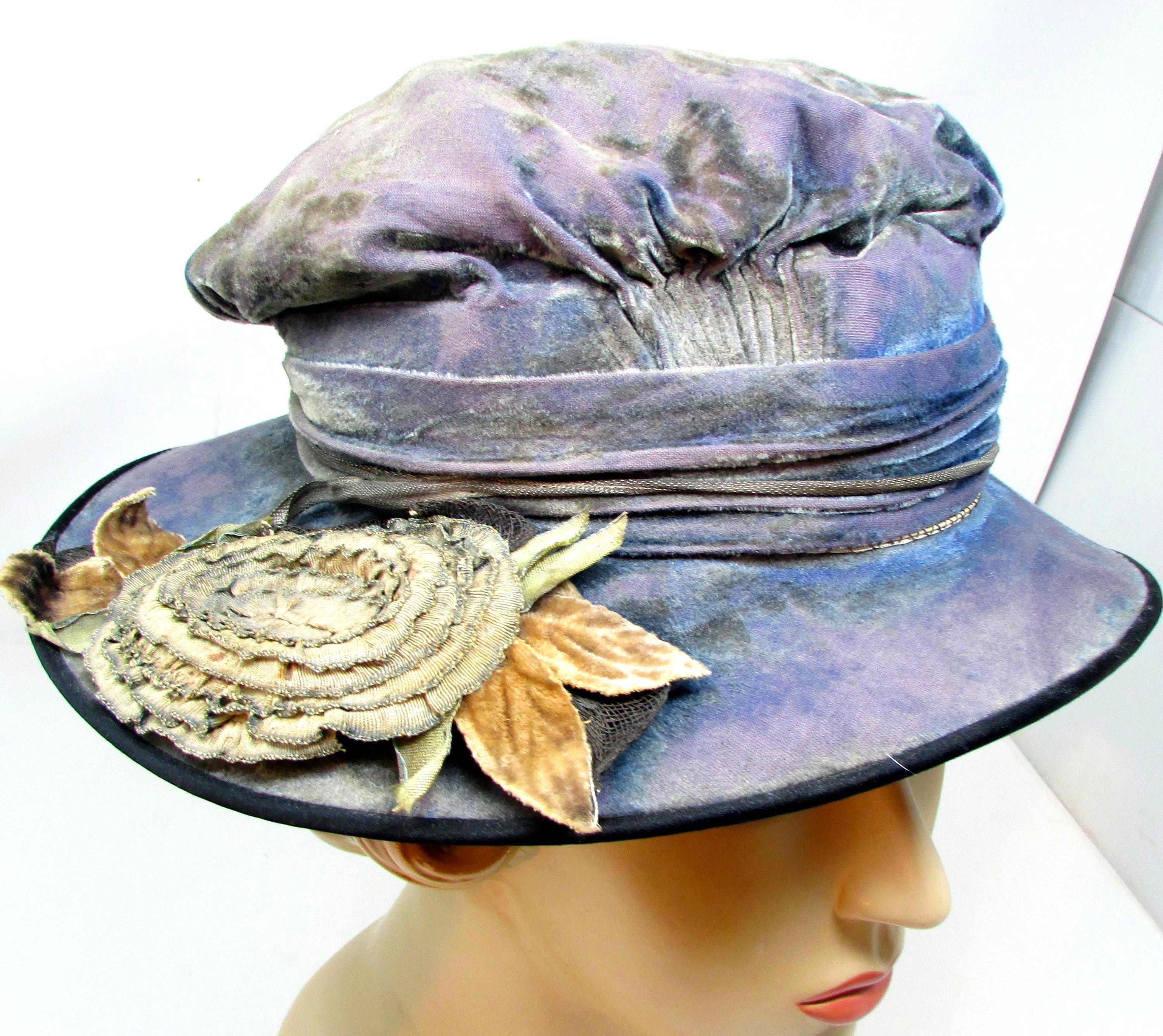 1880\'s Downton Abbey British Navy-Blue Velvet & Satin Hi-Tea - Gala - Derby Hat Vintage Inspired Navy Blue Hat With Floral Embroidery  main image 4