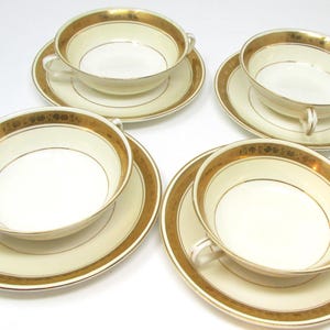 Vintage Boullion Bowls with Underplates  set of 4 Bridgwood England Lovely Gold Trim Antique Double Handled China