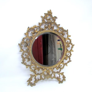Victorian Cast Iron Standing Vanity Mirror Vintage Round Beveled Mirror Victorian Rococo Gold Frame Mirror Ready to Hang on Wall