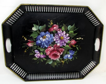 Large Vintage Ottoman Tray Black Tole Painted Extra Large Floral Flowers Gorgeous Rectangular