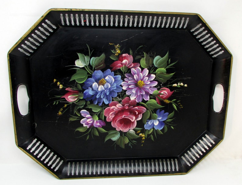 Large Vintage Ottoman Tray Black Tole Painted Extra Large Floral Flowers Gorgeous Rectangular