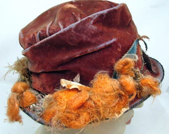 Vintage Hat Edwardian Hat Ostrich Feathers Velvet hat Movie Prop Victorian Rusty Orange with Blue Accents Cotton Flowers