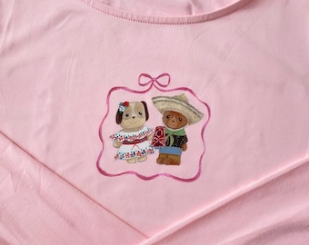 Hand Painted Sylvanian Families T-shirt: Calico Critters Mexican Couple, Light Pink Long Sleeve Shirt, Kawaii Clothes, Diy Handmade