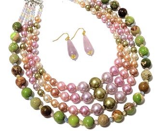 Mixed Pastel Shades Vintage Faux Pearls, Green Sea Sediment Jasper, Morganite Gemstone Necklace with Kunzite Gemstone Gold Plated Earrings