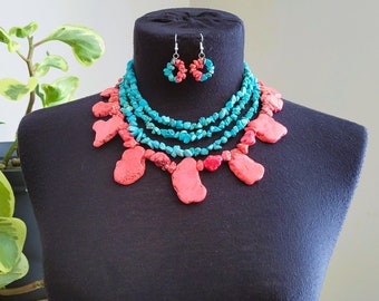 Turquoise and Coral Semi Precious Howlite Necklace and Earring Set, Stone Necklace, Bohemian, Summer Stones, One of a Kind