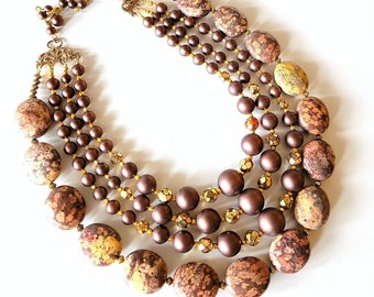 Natural Leopard Skin Jasper and Vintage Japan Handmade Necklace, Stone Necklace, Mid Century, Hollywood Glam, One of a Kind Statement Piece