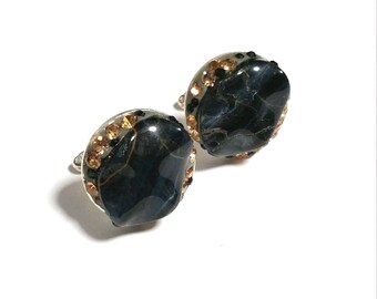 Black Agate and Preciosa Crystal Silver Bezel Cufflinks, Handmade, One of a Kind