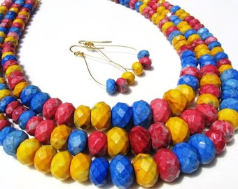 Turquoise Howlite Multi Colour Handmade Necklace and Earrings, Stone Necklace, Statement Necklace, One of a Kind Piece, Red Yellow Blue