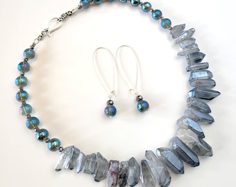 Blue Luster Quartz Aurora Borealis Glass Necklace and Earring Set, Moonstone Beads, Sapphire Glass, Handmade, Hollywood Glam, Multi Strand