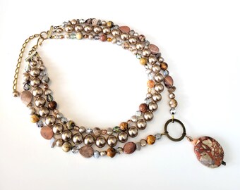 India Agate, Persian Agate, Chohua Jasper, Ocean Jasper, Fresh Water Pearls, Fire Polished Glass and Vintage Beads Handmade Necklace