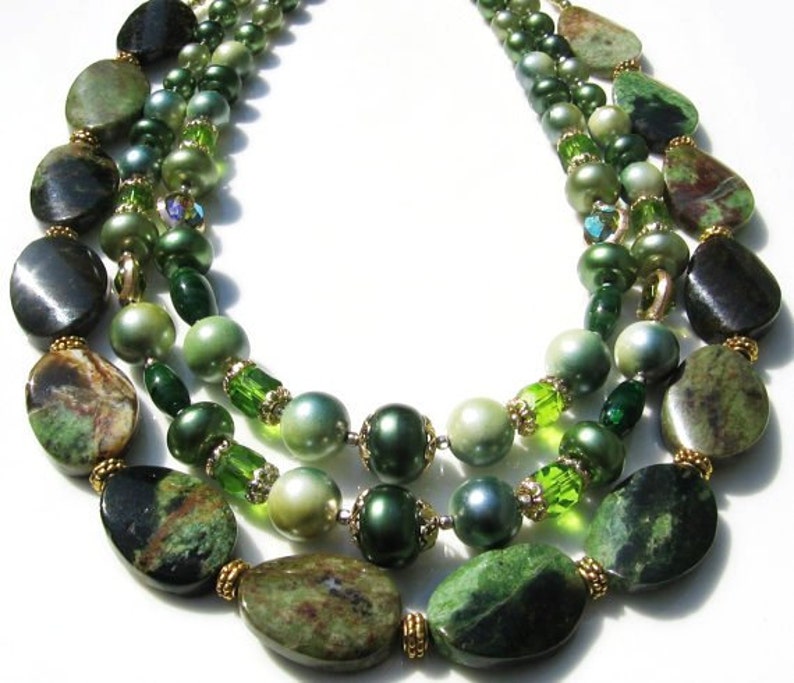 Forest Green 1950 Vintage Glass, Faux Pearls, Semi Precious Opal Stones Necklace with Swarovski Crystal Earrings, One of a Kind image 6