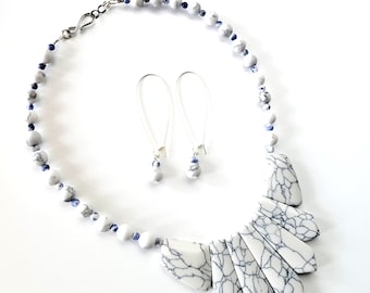 White Howlite and Sodalite Stone Handmade Necklace and Earring Set, Bohemian, One of a Kind, Calming Stones, Wand Stones, Marble Stones