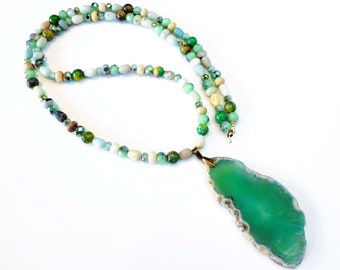 Sea Green Agate with Amazonite and Kyanite Gemstones, Mint Glass Pendant Necklace, Long Pendant Necklace, Stone of Clarity and Calm