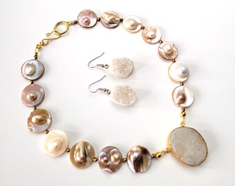 Natural Mother of Pearl Shell Coins, Fire Polished Glass, Agate Pendant Necklace and Druzy Agate Earring Set, One of a Kind