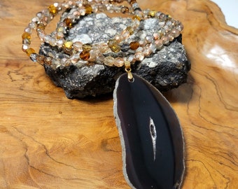 Semi Precious Druzy Brown Black Agate Pendant Necklace with Fire Polished Glass Beads, Earthy, Minimalist, Long Necklace