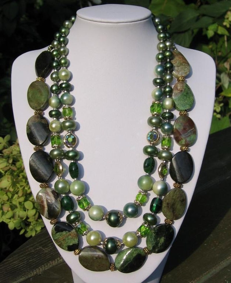 Forest Green 1950 Vintage Glass, Faux Pearls, Semi Precious Opal Stones Necklace with Swarovski Crystal Earrings, One of a Kind image 8