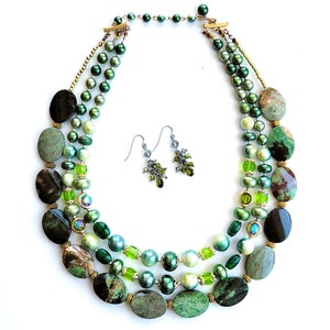 Forest Green 1950 Vintage Glass, Faux Pearls, Semi Precious Opal Stones Necklace with Swarovski Crystal Earrings, One of a Kind image 2