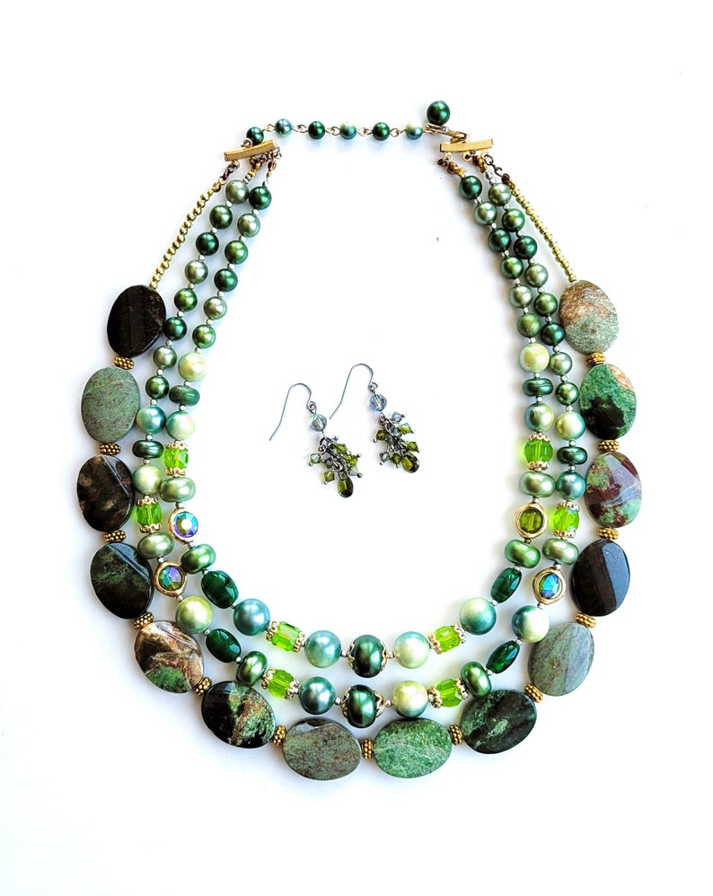 Forest Green 1950 Vintage Glass, Faux Pearls, Semi Precious Opal Stones Necklace with Swarovski Crystal Earrings, One of a Kind image 2