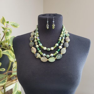 Forest Green 1950 Vintage Glass, Faux Pearls, Semi Precious Opal Stones Necklace with Swarovski Crystal Earrings, One of a Kind image 5